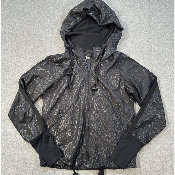 Zyia Active Black Leopard Hooded Windbreaker Bomber Jacket Womens X-Small Zip Up - Picture 1 of 9